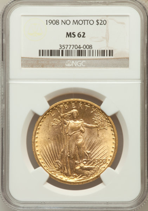 Picture of 1908 No Motto $20 Saint Gaudens PCGS/NGC MS62