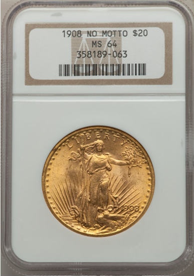 Picture of 1908 No Motto $20 Saint Gaudens PCGS/NGC MS64