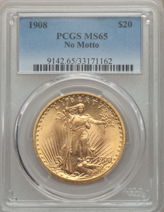Picture of 1908 No Motto $20 Saint Gaudens PCGS/NGC MS65