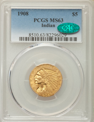 Picture of $5 Indian Gold (1908-1929) PCGS/NGC MS63 CAC (Random Year)