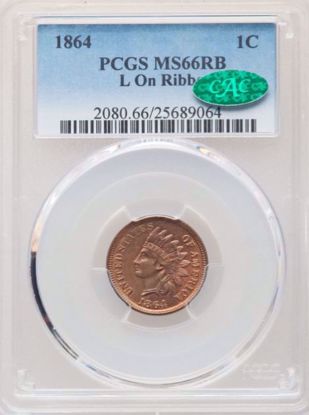 Picture of 1864 Indian Cent L on Ribbon MS66RB PCGS CAC