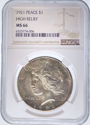 Picture of 1921 HR Peace Dollar MS66 NGC
