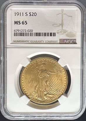 Picture of 1911-S $20 St Gaudens MS65 NGC