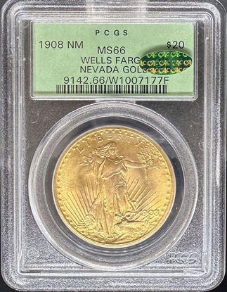 Picture of 1908 NM Wells Fargo $20 St Gaudens MS66 PCGS CAC OGH