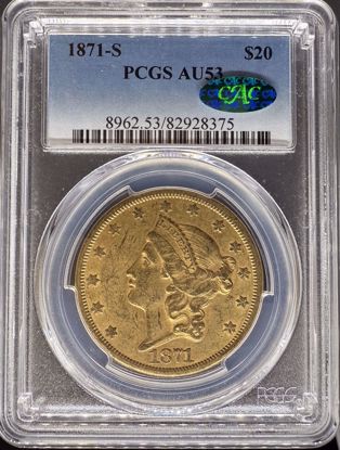 Picture of 1871-S $20 Liberty AU53 PCGS CAC