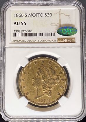 Picture of 1866-S Motto $20 Liberty AU55 NGC CAC