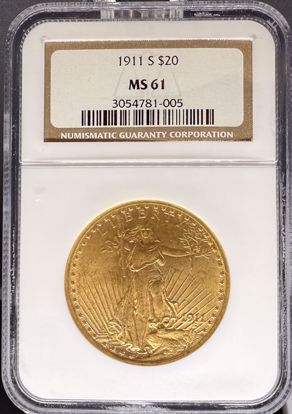 Picture of 1911-S $20 St Gaudens MS61 NGC